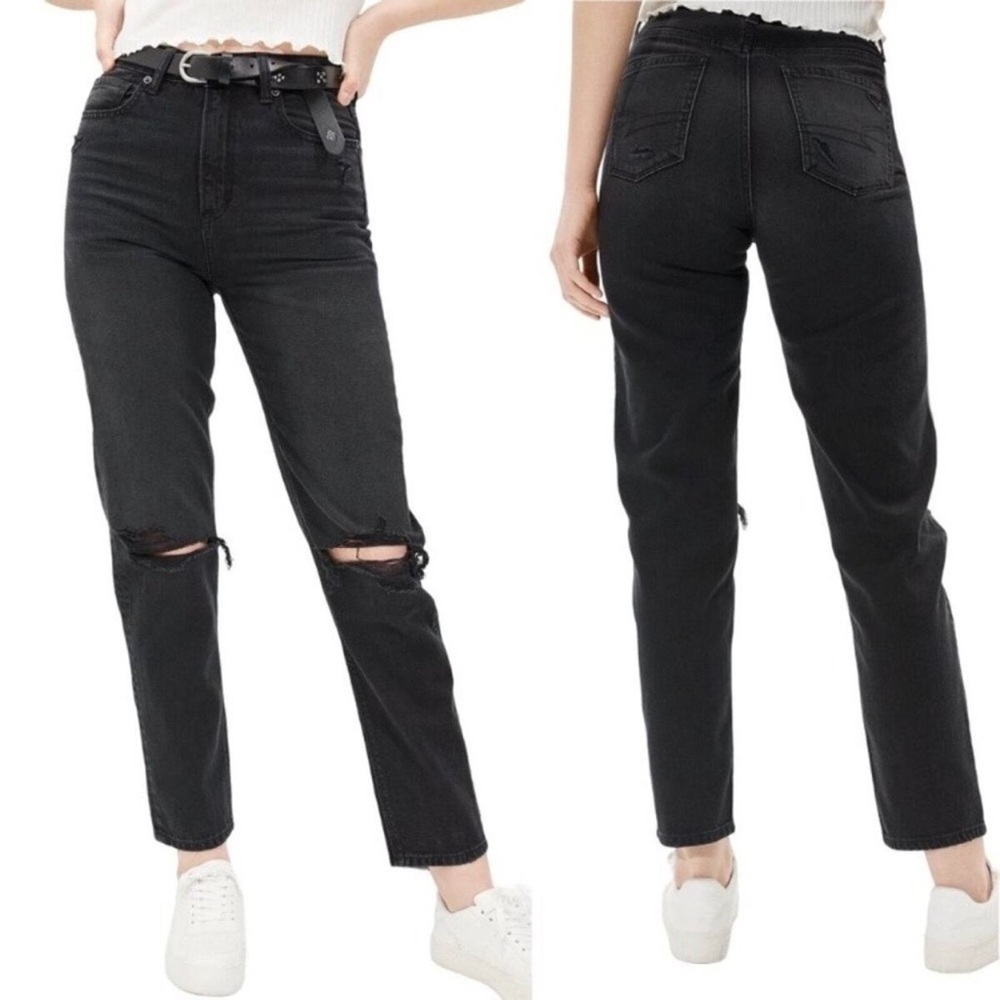 American Eagle Outfitters Mom Straight Black High Rise Distressed Jeans